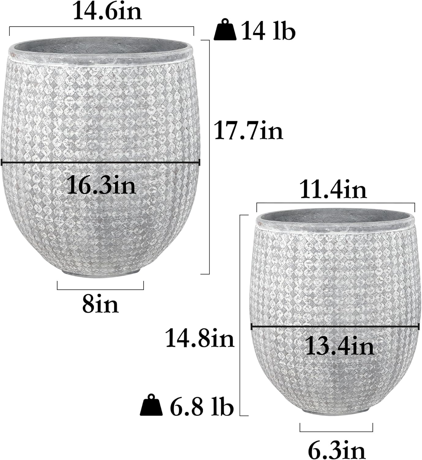 Worth Garden Large Round Planters Set of 2 (14.5"x17.5" & 12" x15“) - Lightweight Magnesium Oxide Cement Plant Pot with Texture - Grey Concrete Look with Drainage Hole – Indoor & Outdoor Use