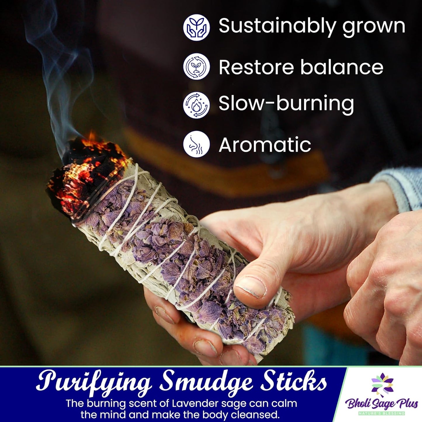 Lavender with White Sage - Bholi Sage Plus Sage Incense Sticks for Cleansing Negative Energy, Sage Sticks for House Cleansing - Lavender with White Sage Smudge Sticks Pack of 4