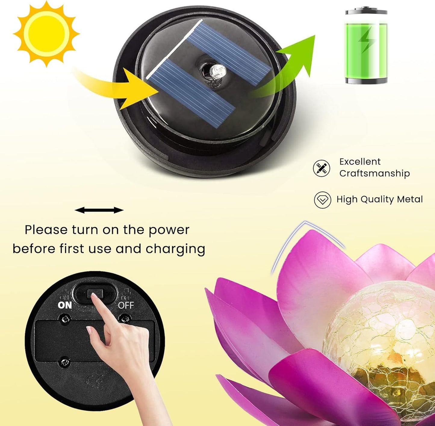 HPC Decor Solar Lights Outdoor Garden Decor - Art Crackle Globe Glass Lotus Decoration, Waterproof LED Metal Flower Lights for Outdoor Decor on Patio,Lawn,Walkway,Table,Perfect Gifts (Purple 11in)