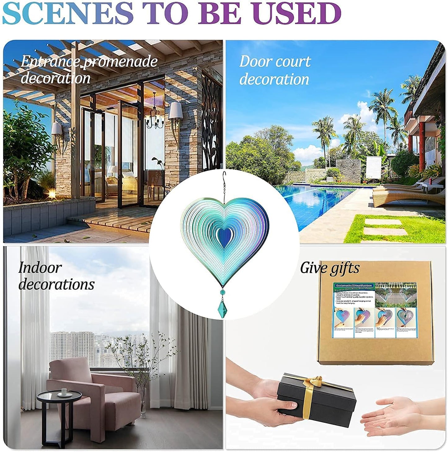 Wind Spinner, Hanging Wind Sculptures,Wind Spinners for Yard and Garden Decor,Yard Decorations Outdoor,Hanging Art Ornaments for Garden Yard Balcony Decor (Rainbow Heart)