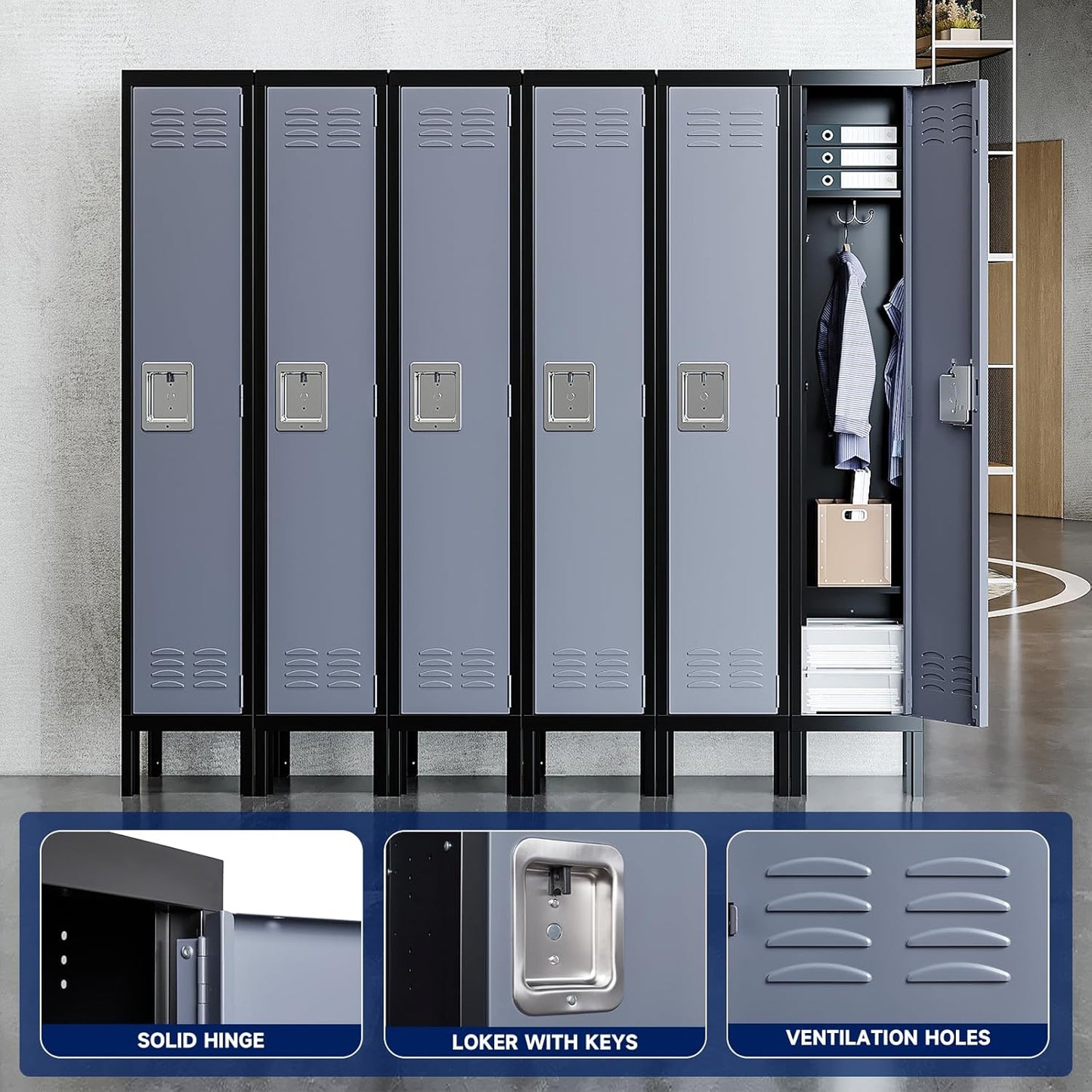Yizosh Metal Lockers for Employees with Lock, Employees Locker Storage Cabinet with 1 Doors, Tall Steel Storage Locker for Gym, School, Office (Gray Black, 1 Door)