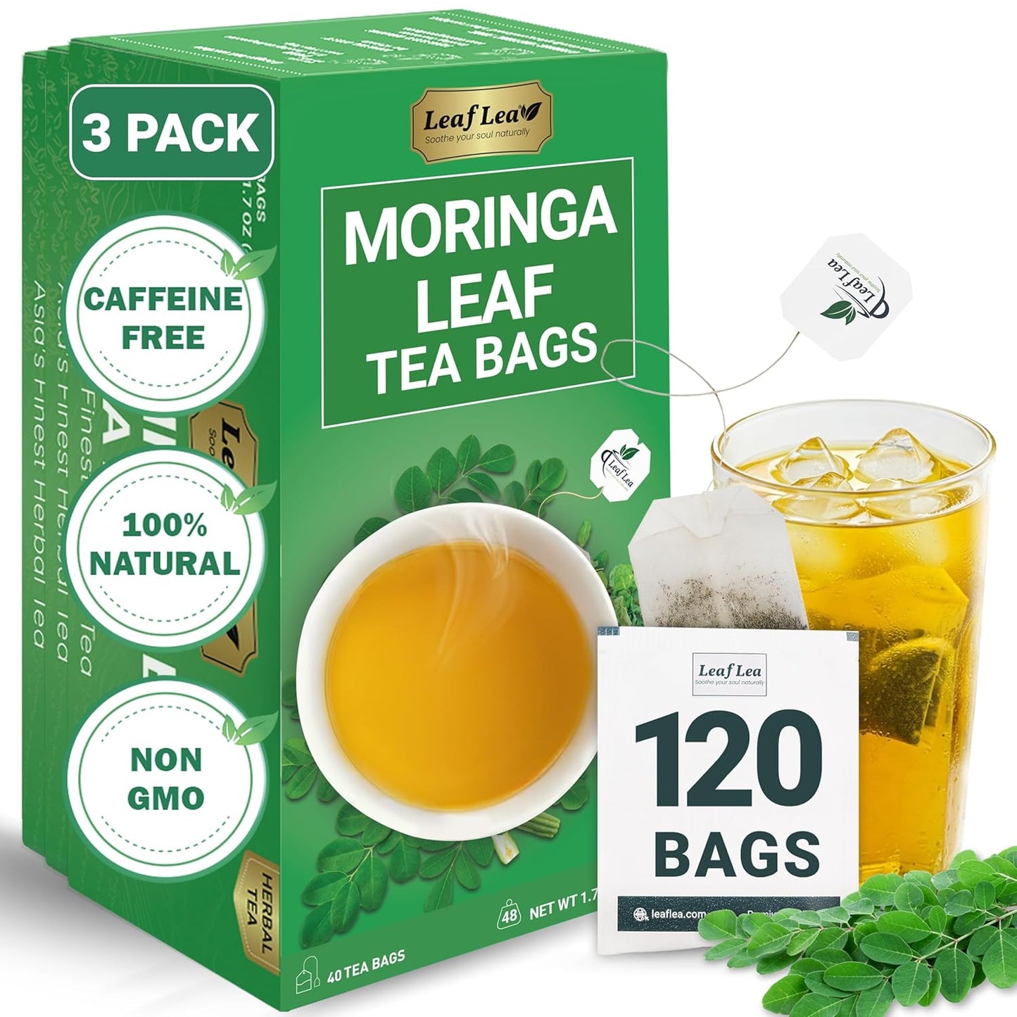 LeafLea Moringa Tea, 120 Fresh-Sealed Tea Bags, Premium Herbal Blend from 100% Natural Moringa Leaves, Supports Digestion & Immune Health, Caffeine-Free, Sugar-Free, Vegan, Non-GMO