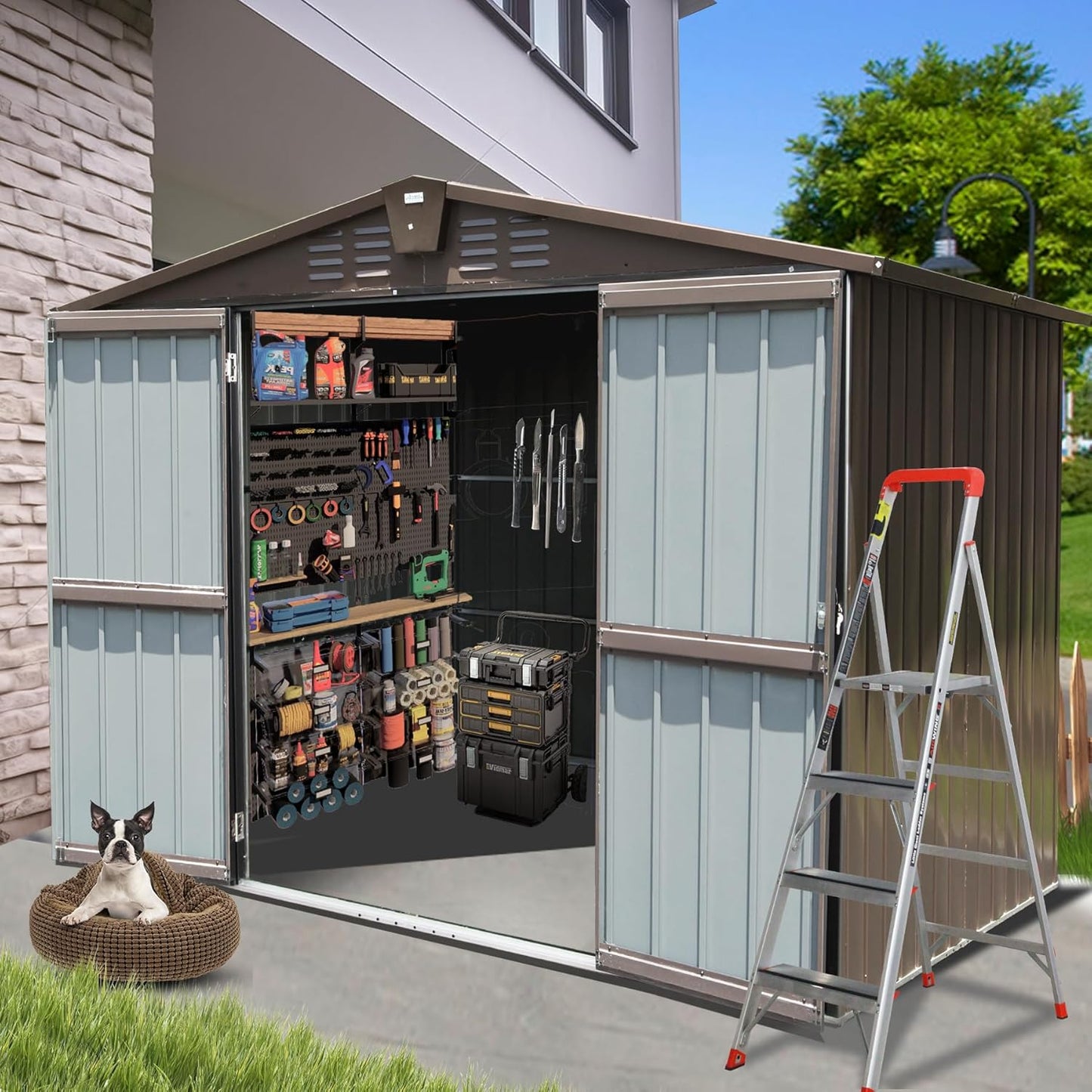Domi Outdoor Storage Shed 8.2' x 6.2', Metal Steel Utility Tool Shed Storage House with Double Lockable Doors & Air Vents for Backyard Patio Garden Lawn Brown