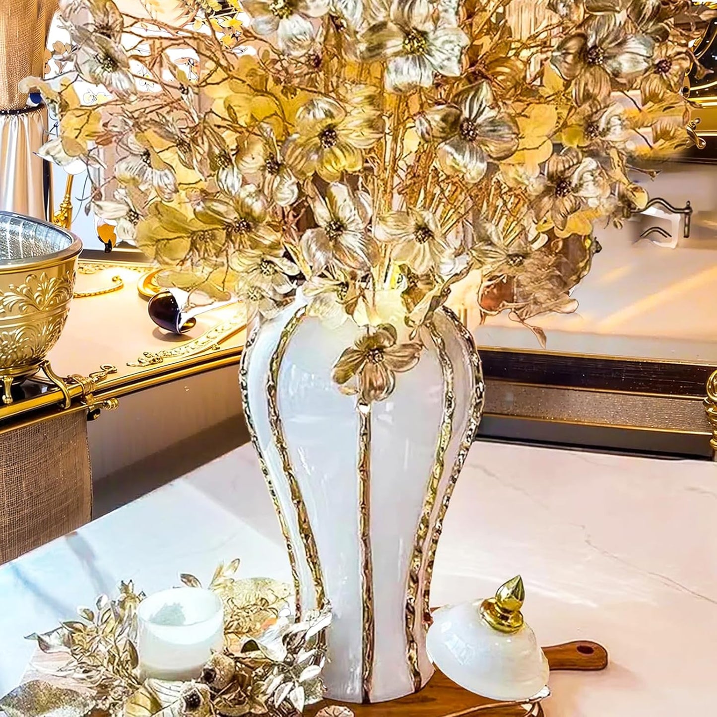 Ginger Jar, White Gold Ceramic Vase Large Handmade Porcelain Vases with Lid, White Gold Decorative Flower Vase for Home, Living Room, Weddings, Centerpieces (14in with Lid)