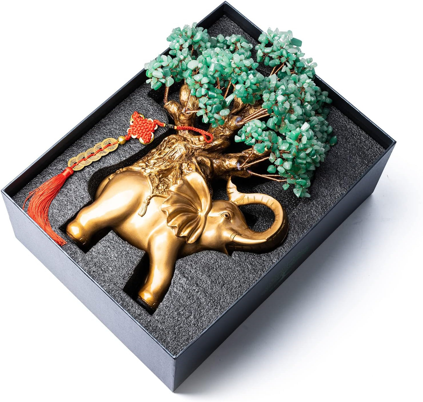 Green Aventurine Crystal Money Tree on Gold Elephant Statue, 17”Large Gemstone Bonsai Tree of Life Home Décor Gifts for Wealth Positive Energy, Feng Shui Décor