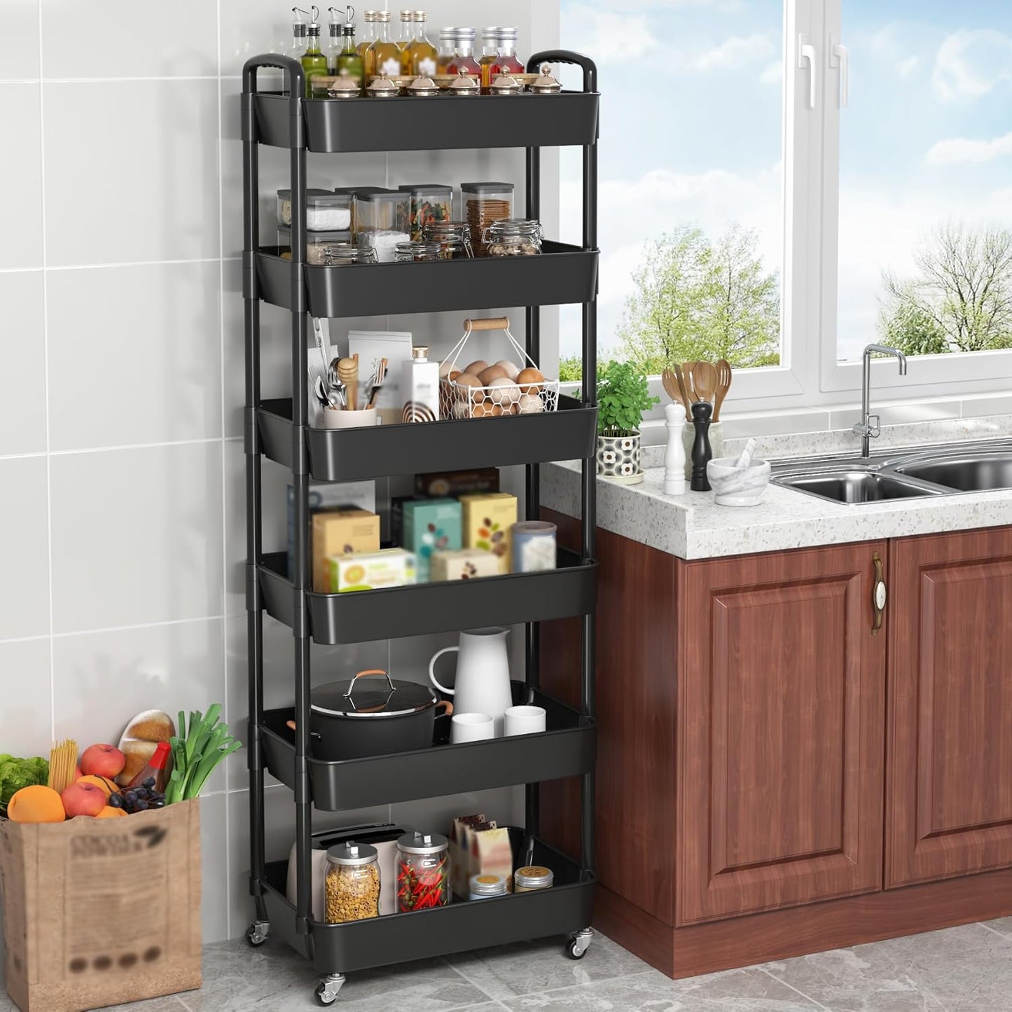 Sywhitta 6-Tier Plastic Rolling Utility Cart with Handle, Multi-Functional Storage Trolley for Office, Living Room, Kitchen, Movable Storage Organizer with Wheels, Black