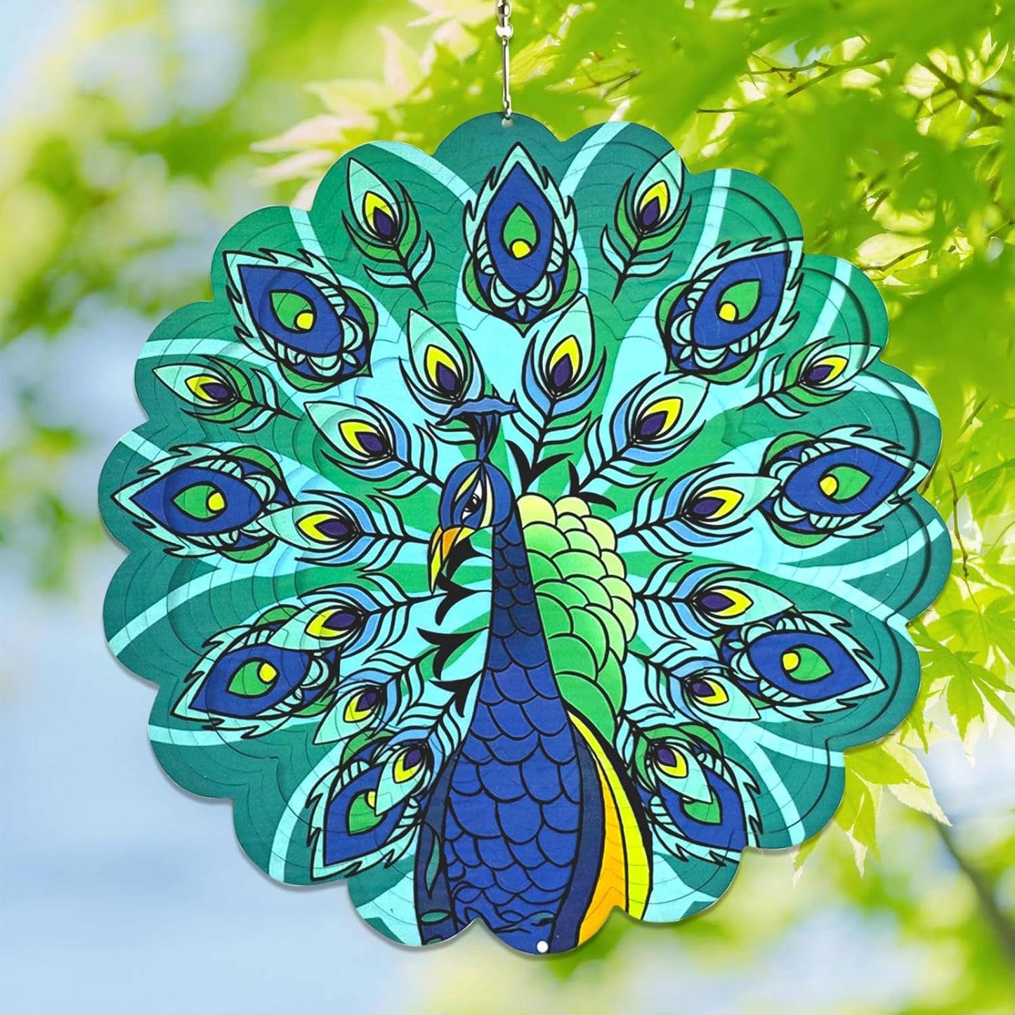 Wind Spinners Outdoor Peacock Art 12 inch 3D Stainless Steel Laser Cut Metal Art Geometric Pattern Wind Sculpture Hanging for Yard Garden Decorations Gifts Outdoor