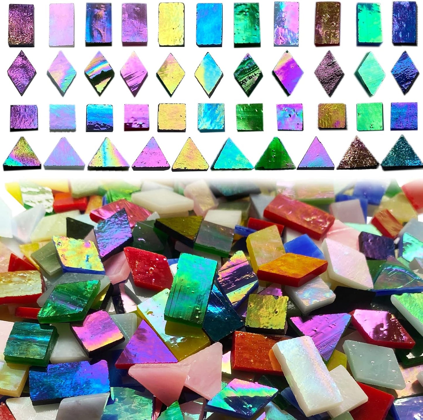 510 Pieces Iridescent Glass Mosaic Tiles for Crafts, Mixed 4 Shapes Colorful Stained Glass Pieces Supplies for Mosaic Projects, KALUCION Mosaic Kit for Adults, Assorted Rainbow Colors