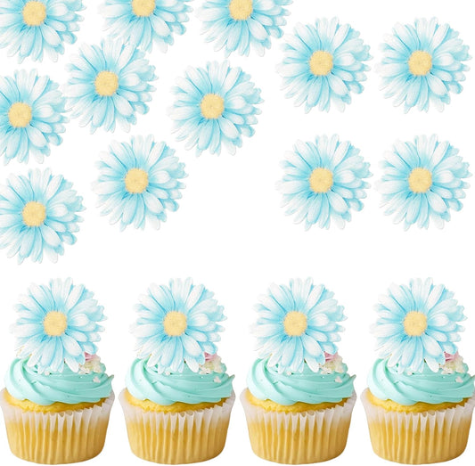 60 PCS Edible Daisy Cupcake Toppers Wafer Paper Daisy Cupcake Picks Edible Daisies Wildflower Birthday Party Decorations for Baby Shower Wedding Birthday Party Cake Food Decorations Supplies Blue