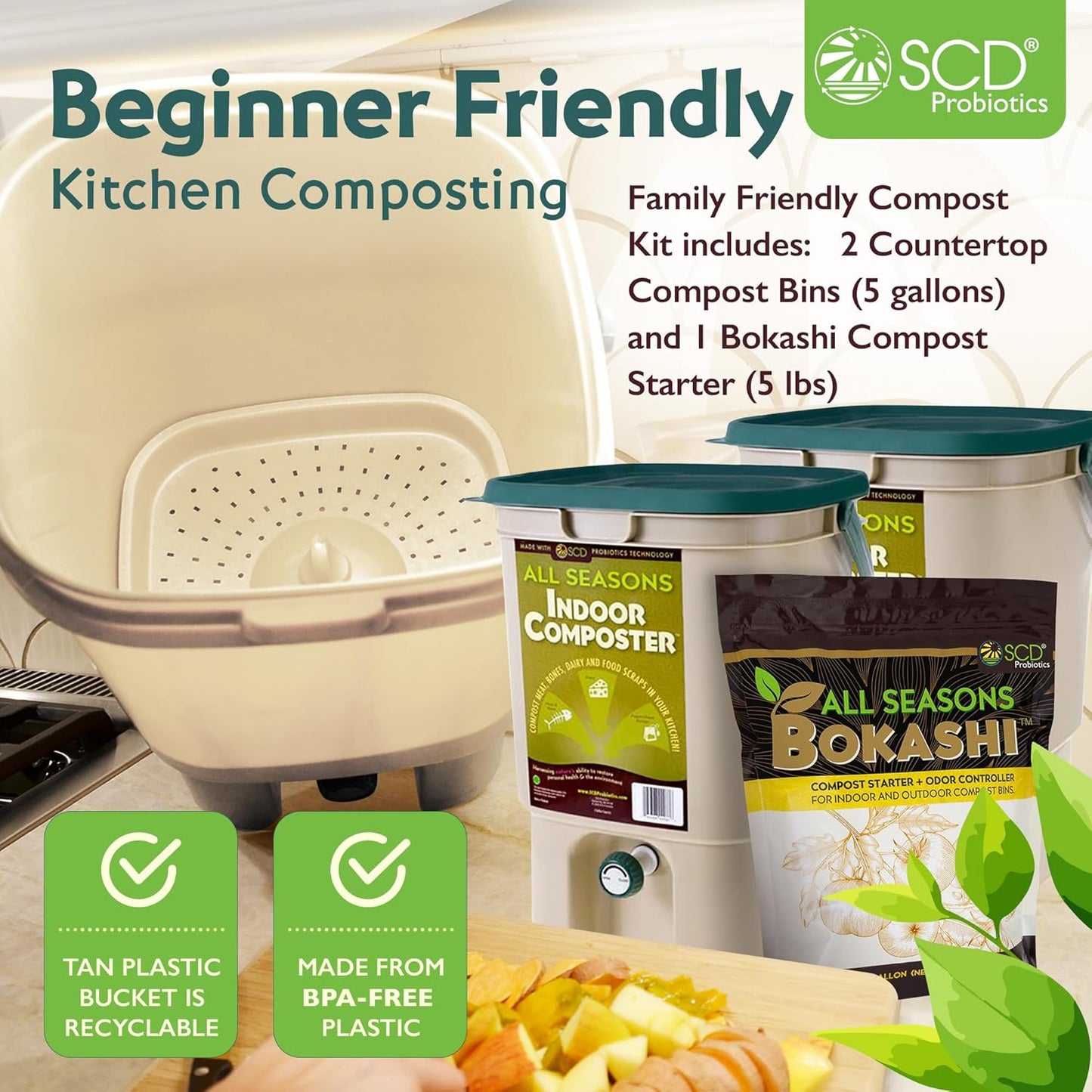 All Seasons Indoor Composter Starter Kit - Two Family-Sized Composting Bins for Kitchen Countertop and Bokashi Bran Starter 5 lb (2 gallons), Easily Compost Food After Every Meal, Odor Free