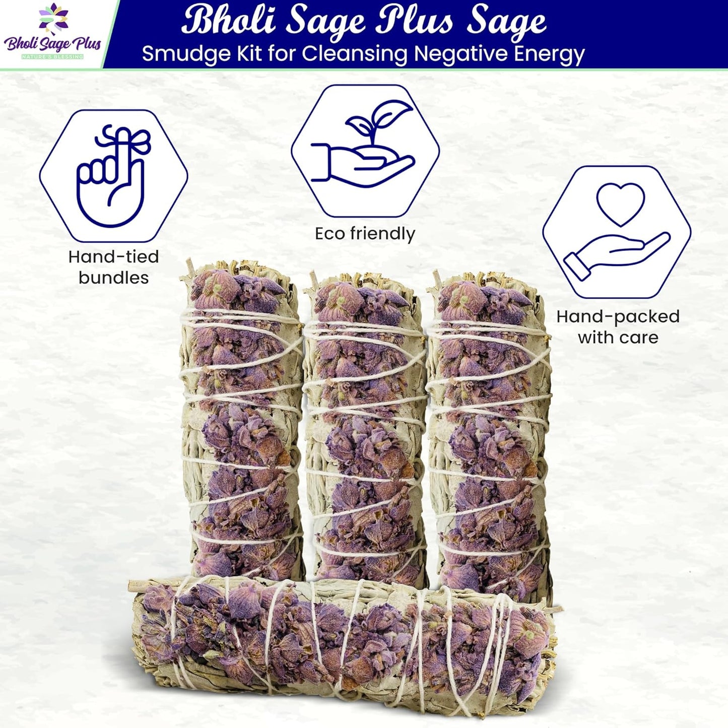 Lavender with White Sage - Bholi Sage Plus Sage Incense Sticks for Cleansing Negative Energy, Sage Sticks for House Cleansing - Lavender with White Sage Smudge Sticks Pack of 4