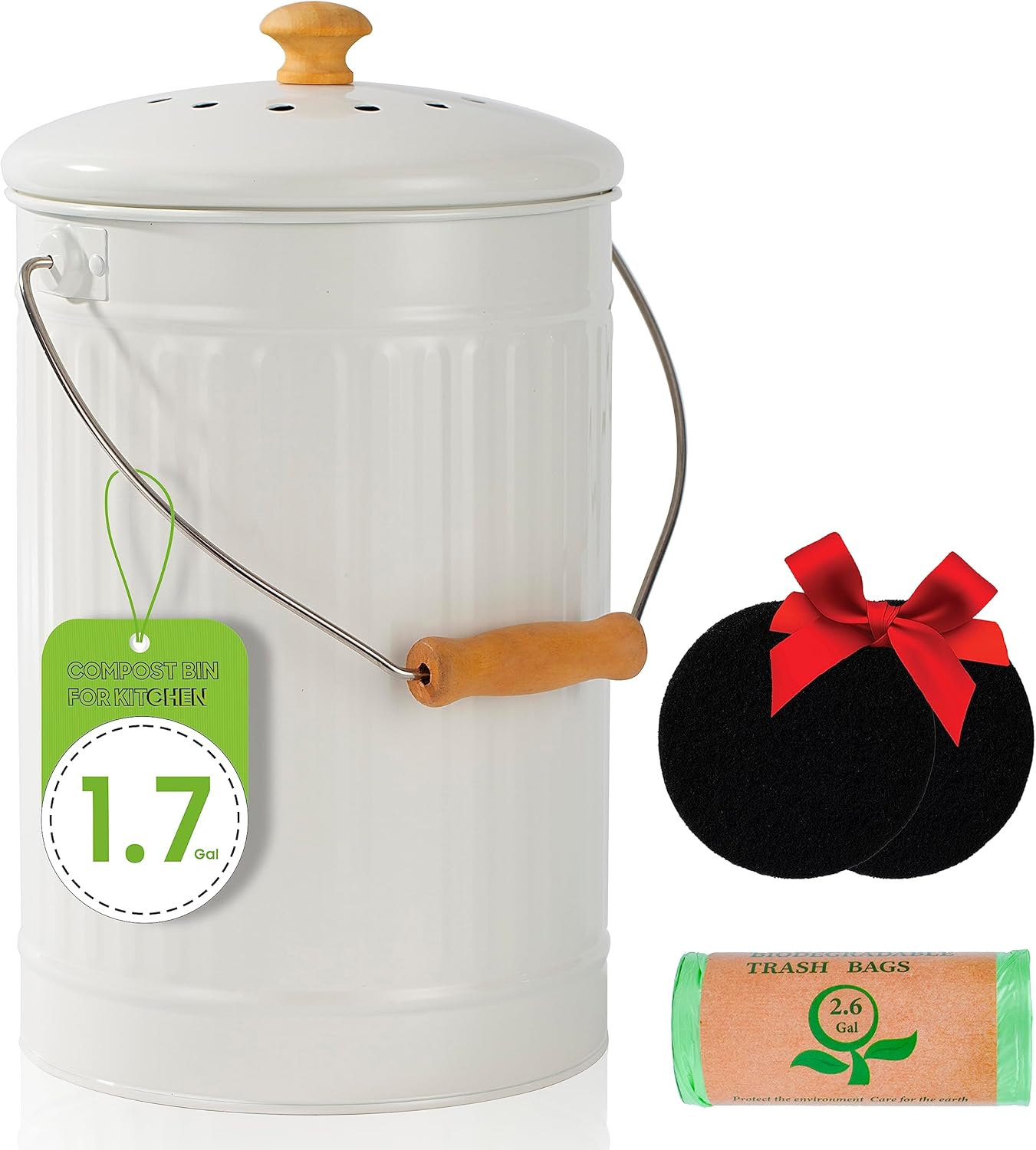 1.7 Gallon Kitchen Compost Bin, Indoor Countertop Compost Bin with Lid, 100% Rust Proof Compost Bucket with Non-Smell Charcoal Filters (White)