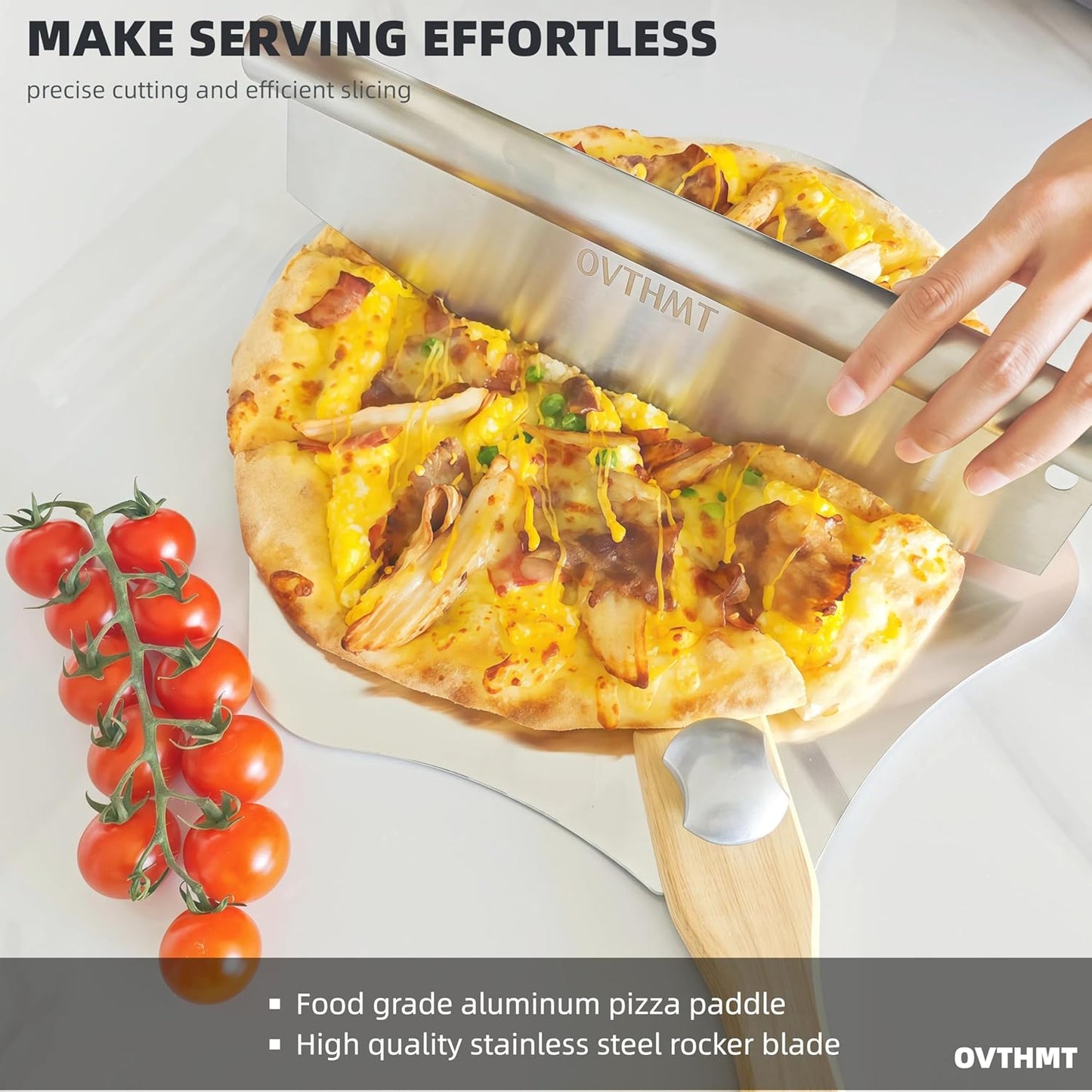 Pizza Oven Accessories 4 PCS, Pizza Kit, Aluminum Pizza Paddle with Foldable Wood Handle, Pizza Cutter, Rocker Blade, Cutter Wheel, Pizza Server, Pizza Peel Set, Pizza Tools