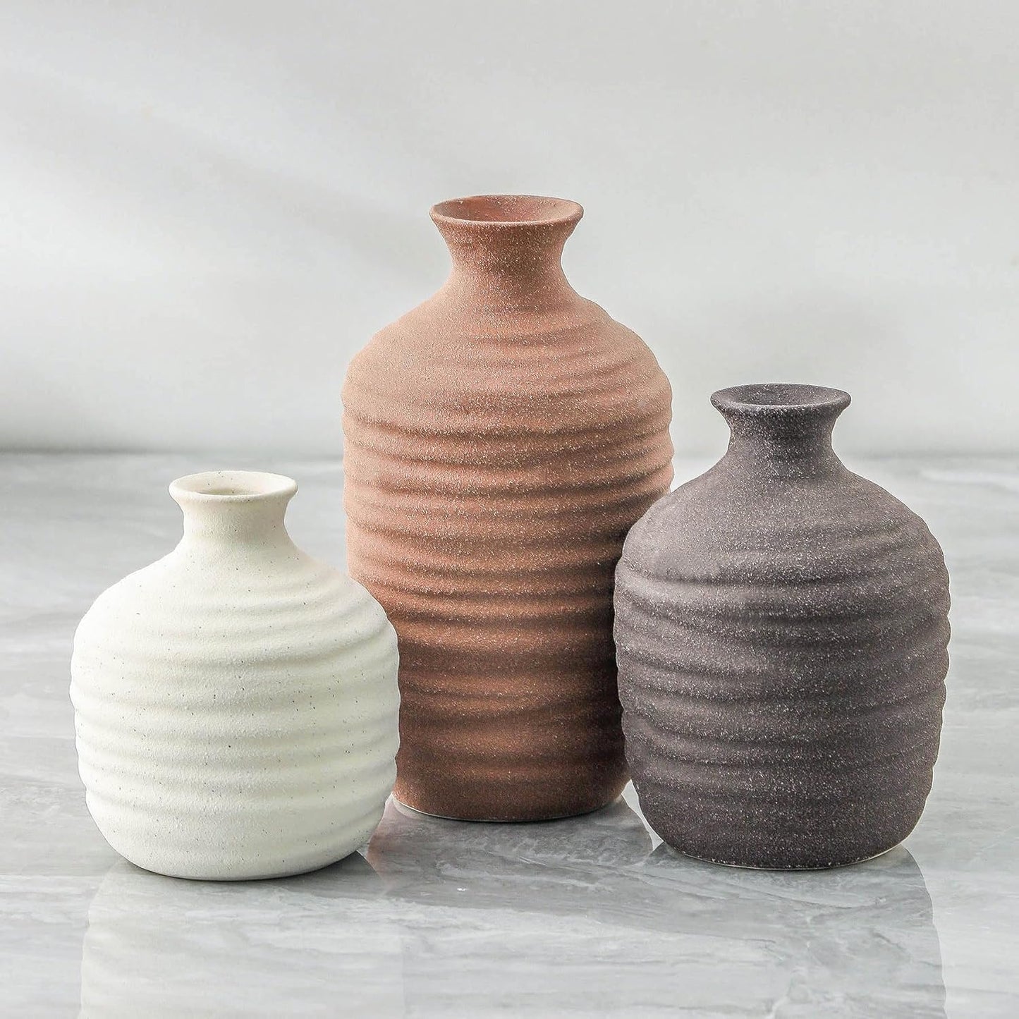 Ceramic Vase Set of 3 Decorative Vase for Home Decor Modern Farmhouse Decor Pottery Neutral Vases for Living Room Bathroom Table Mantel Fireplace Entryway Shelf (02-Brown)