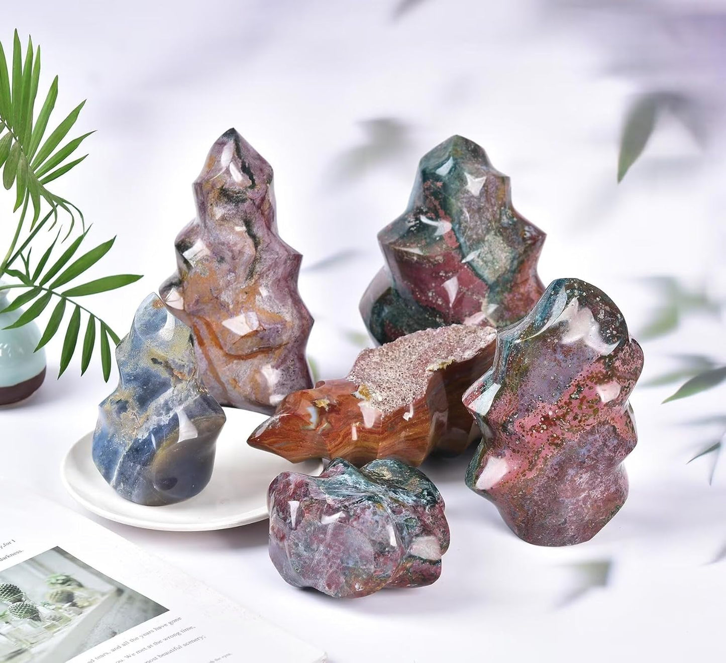 AMOYSTONE Ocean Jasper Flame Shaped Stone Towers Obelisk Natural Healing Crystal Quartz Reiki Energy Decoration Home Office Decor 0.6-1.0LBS