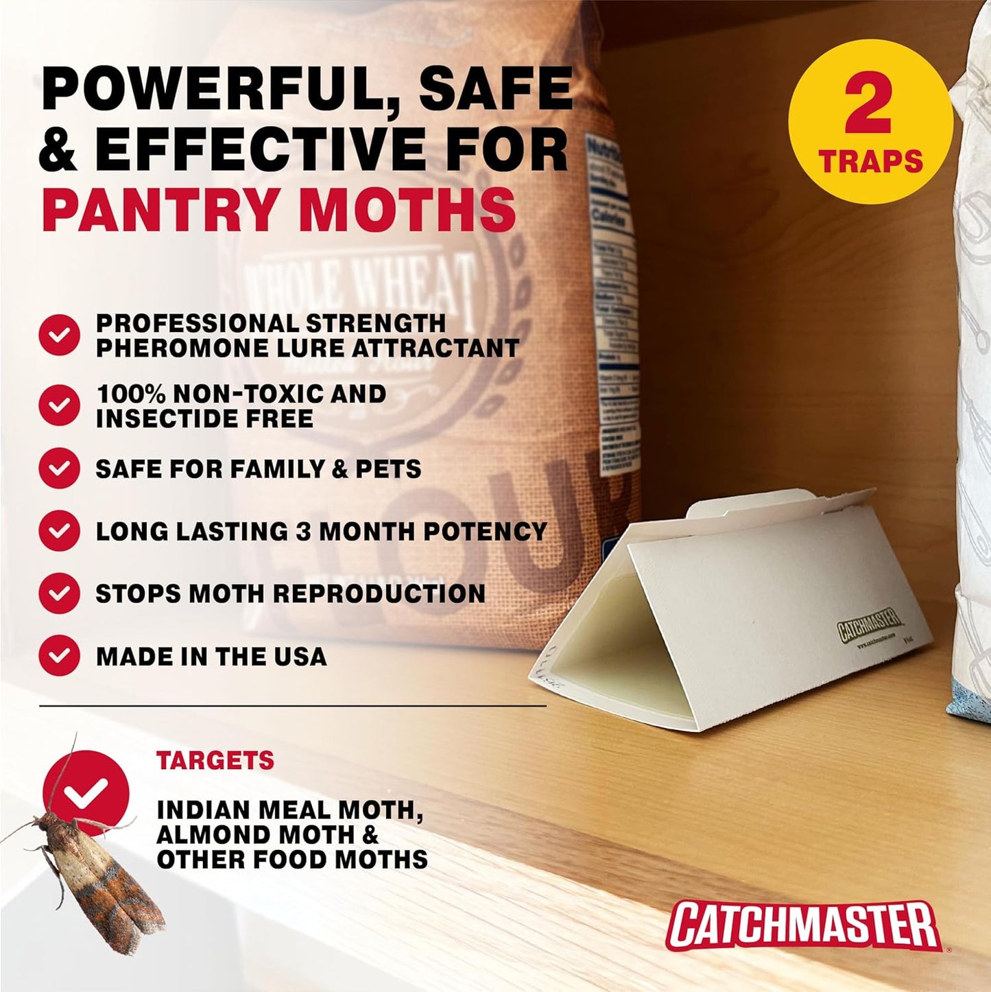 Catchmaster Pantry Pest & Moth Traps 2-Pk, Bug Killer for Kitchen Storage & Pantry Cabinet, Sticky Moth Traps for House, Protect Pet Food, Kitchen Cabinets Storage, Pet Safe Glue Trap