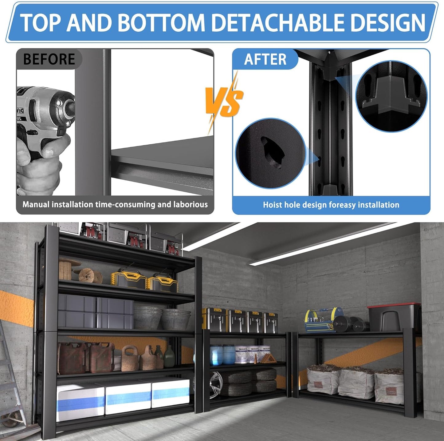5-Tier Garage Shelving Heavy Duty, 3000 LBS Capacity Metal Storage Rack 76" H x 60" W x 24" D, Adjustable Shelves Unit for Garage, Warehouse, Basement, Pantry, Workshop.4 Pack