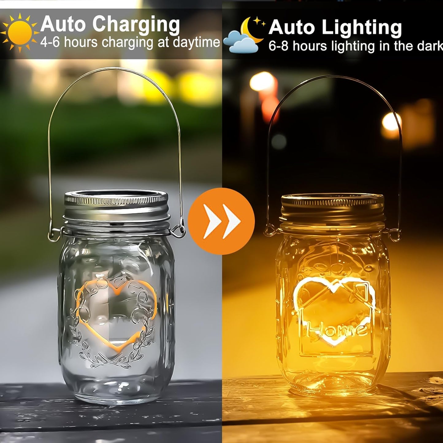 Hanging Solar Mason Jar Lights, 2 Pack Warm Heart Shape Led Lights, Solar Powered Lanterns Outdoor Waterproof, Hangers and Jars Included, Gift for Lover, Home Party Wedding Garden Patio Decor (2)