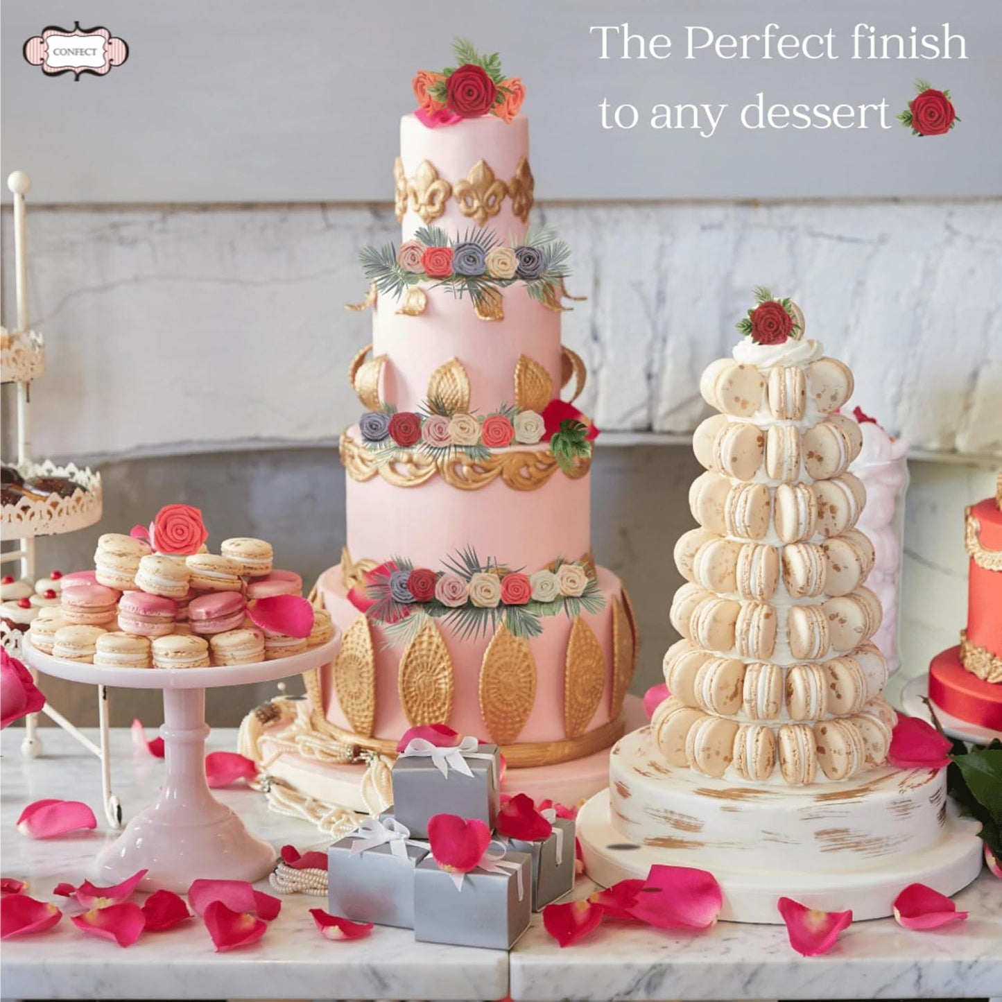 Confect Metallic Edible Rose Topper – Gold Roses for Cake, Cupcake & Doughnut Decoration – Pack of 12 Edible Floral Toppers- Vegan, Gluten-Free, Nut-Free, Soy-Free, Dairy-Free, Palm Oil-Free