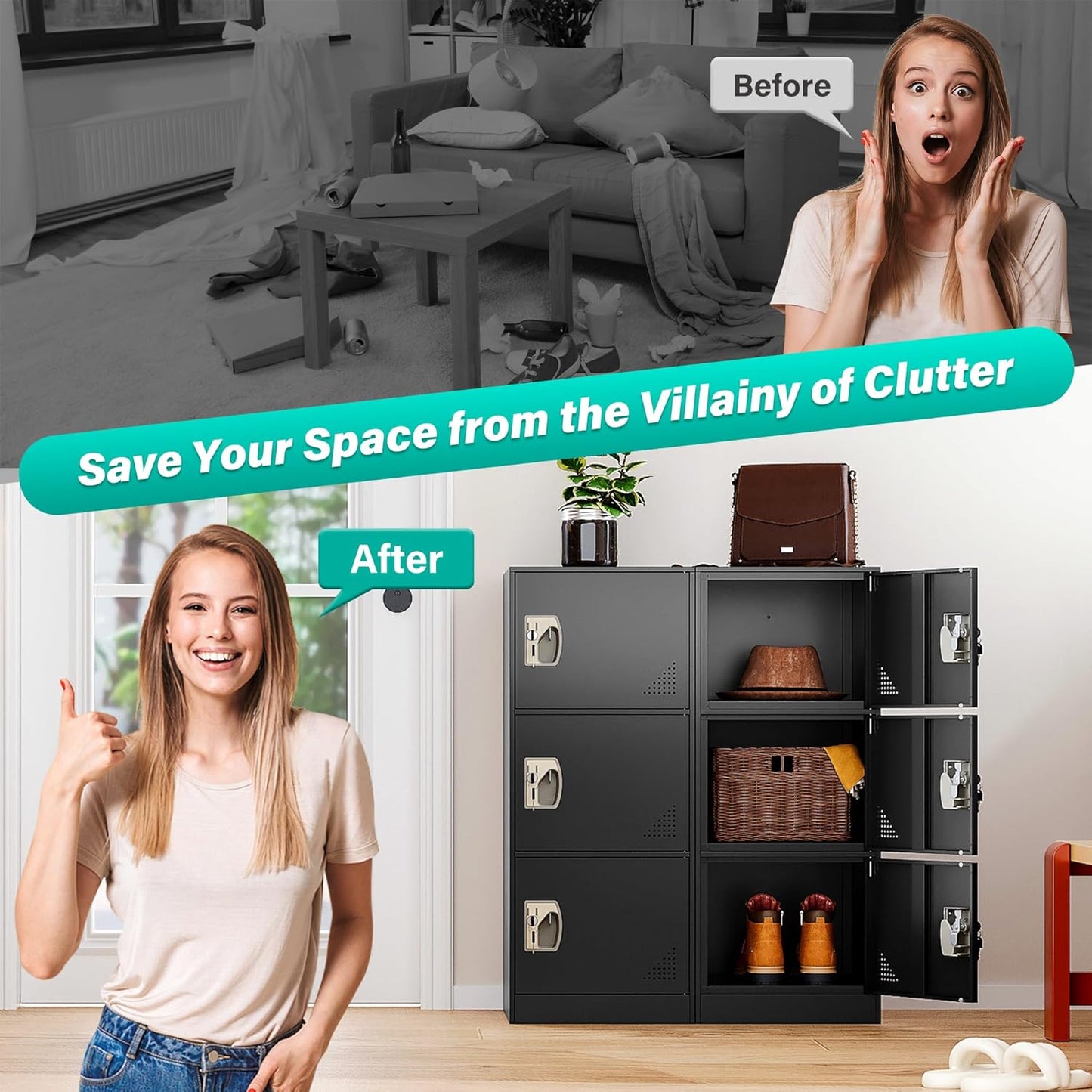 SISESOL 3 Door Metal Locker Storage Cabinet with Doors and Shelves,Black Metal Lockers with,Lockable Locker Storage Cabinet for Employees,School, Office, Home, Gym,17.8" D x 15" W x 36.5" H