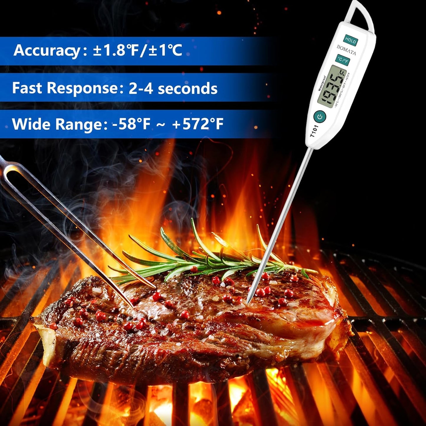 BOMATA Waterproof IPX7 Thermometer for Water, Liquid, Candle and Cooking. Instant Read Food Thermometer with Long Probe for Cooking, Meat, BBQ! T101 White