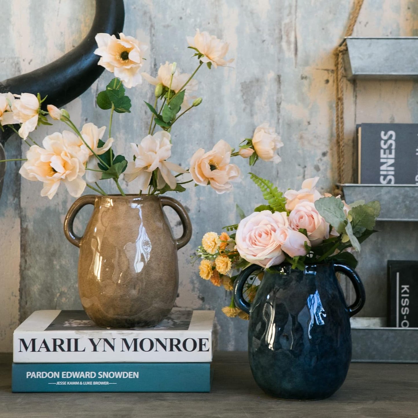 Blue Ceramic Vase with 2 Handles, Modern Farmhouse Decor, Rustic Terracotta Pottery, Decorative Flower Vases, Clay Small Vase, Centerpiece for Dining Table - 7 Inch Tall