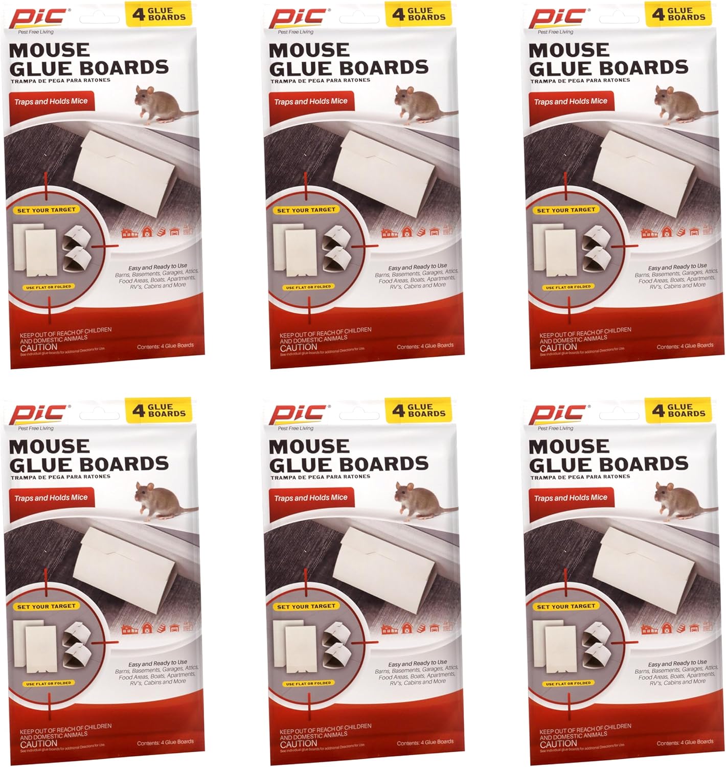 PIC Mouse Glue Boards, Baited Glue Trap with Sticky Adhesive, Sticky Mouse Traps for Indoors, Trampas para Ratones Pest Control Trap, Easy to Set, Non-Toxic, Disposable, 6 Pack (24 Traps Total)