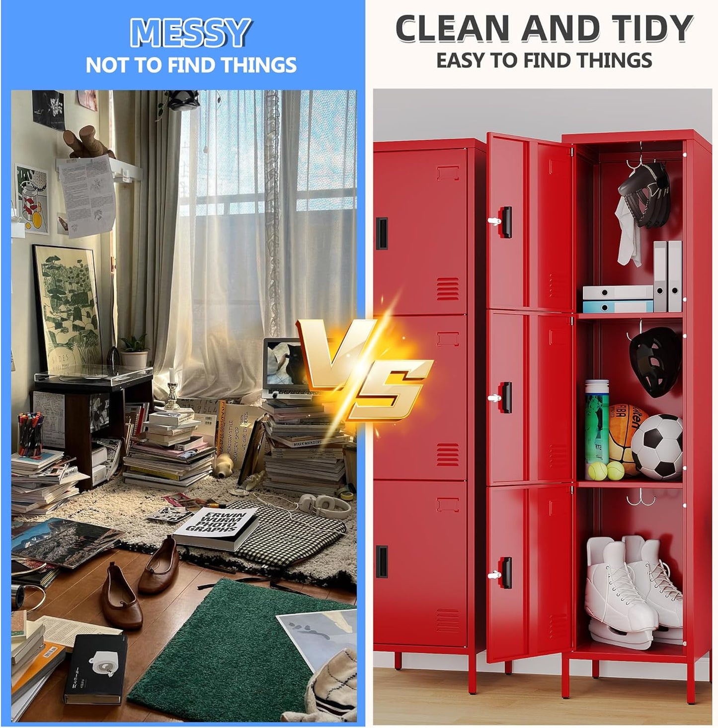 66" H*15.75" D*15.75" W Steel Storage Cabinet,3 Doors Metal Storage Locker for Employees,Employee Lockers with Lock,Hooks and Card Slot for School Gym Home Office, Assembly Required,Red,240 LBS