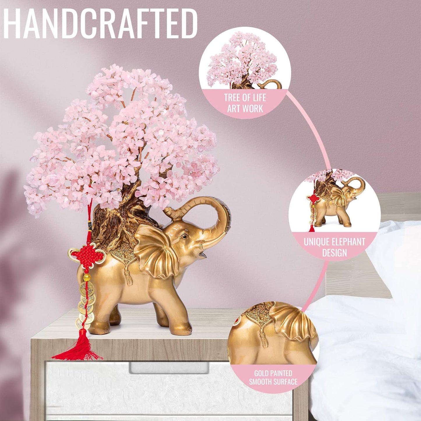 Rose Quartz Crystal Money Tree on Gold Elephant Statue, 17”Large Gemstone Bonsai Tree of Life Home Décor Gifts for Wealth Positive Energy, Feng Shui Décor