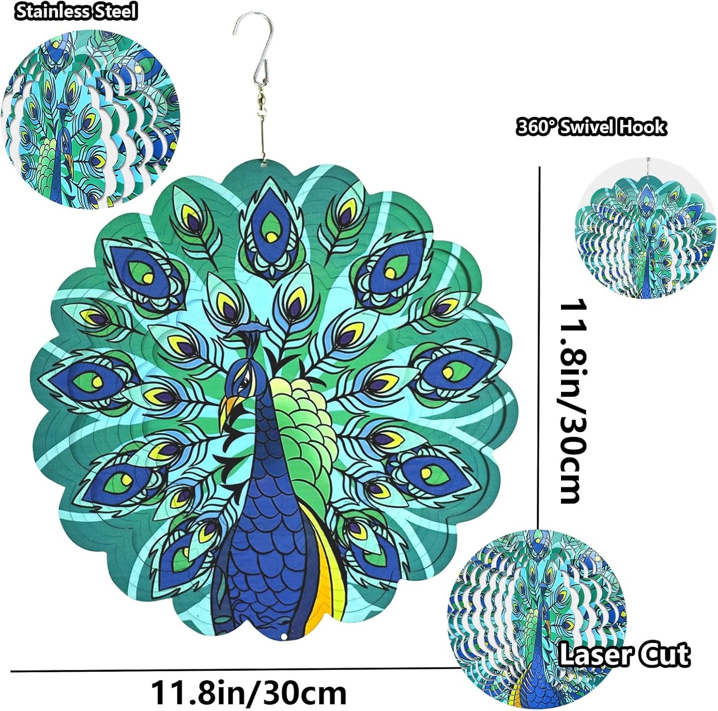 Wind Spinners Outdoor Peacock Art 12 inch 3D Stainless Steel Laser Cut Metal Art Geometric Pattern Wind Sculpture Hanging for Yard Garden Decorations Gifts Outdoor