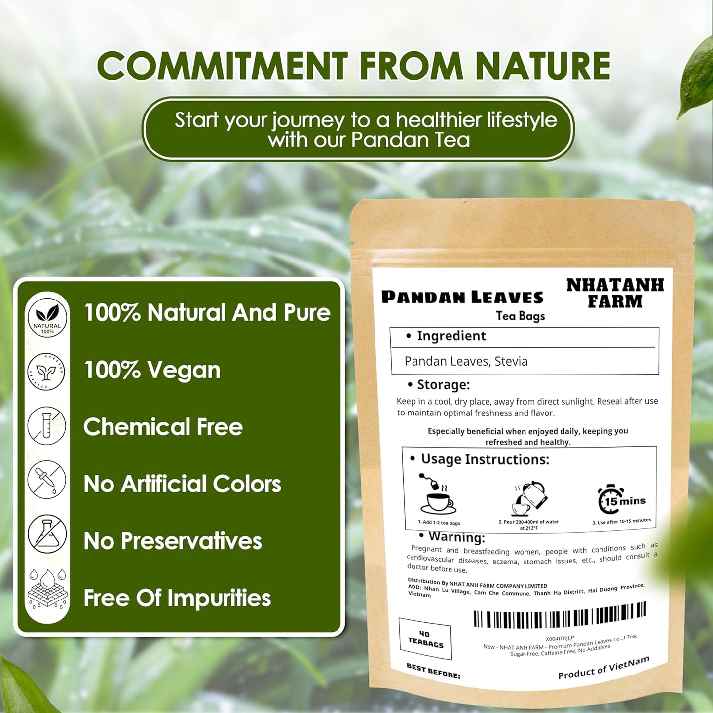 NHAT ANH FARM - Premium Pandan Leaves Tea Bags, 40 Pandan Leaves Tea Bags, 100% Natural Dried Pandan Leaves, Naturally Sweet Herbal Tea, Sugar-Free, Caffeine-Free, No Additives