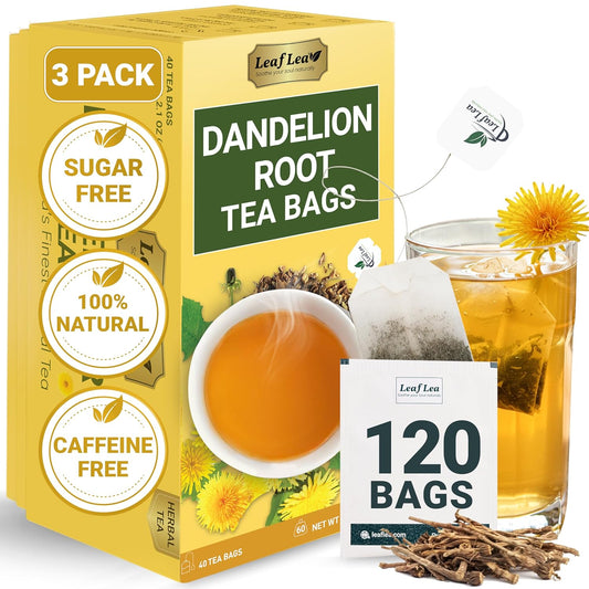 LeafLea 120 Dandelion Root Tea Bags, Dandelion Tea Promotes Healthy Digestion & Immune Function, 100% Natural and Pure from Dandelion Root Herbal Tea, Caffeine-Free, Sugar-Free, Vegan, Pack of 3