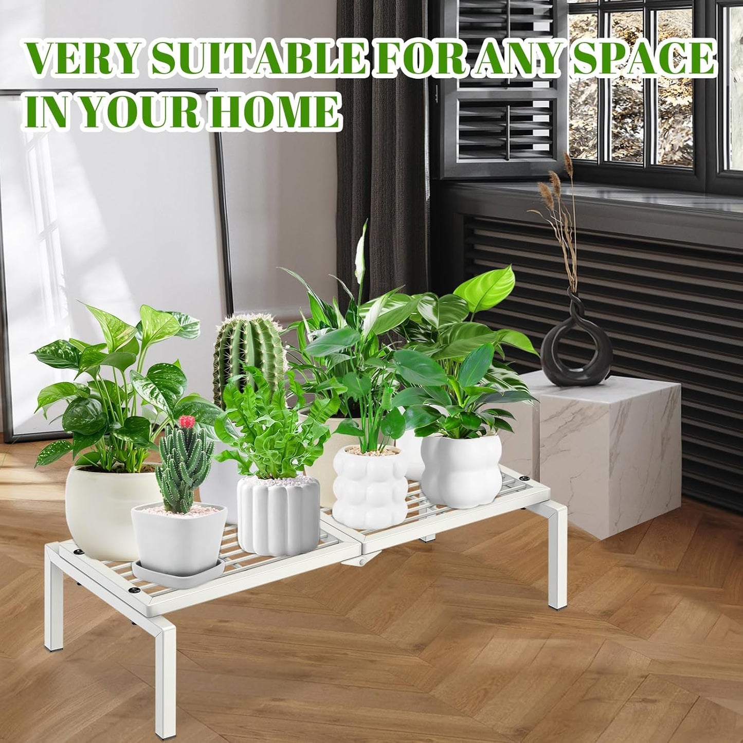 1 Tier Metal Plant Stand Indoor Outdoor, Potted Multiple Flower Pot Holder Rack Plant Shelf, Heavy Duty Planter Display Shelving for Patio Balcony Garden Living Room Decorative (White)