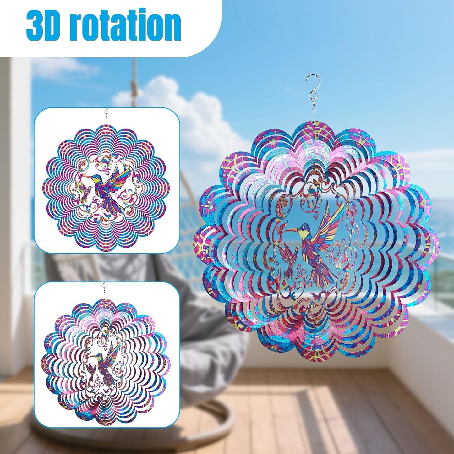 Wind Spinners Outdoor, Hummingbird Metal 3D Hanging Garden Decor, 12-inch Stainless Steel Wind Spinner with Tail Spinner, Wind Sculptures for Patio Lawn Yard, Ornament Gift for Women/Men