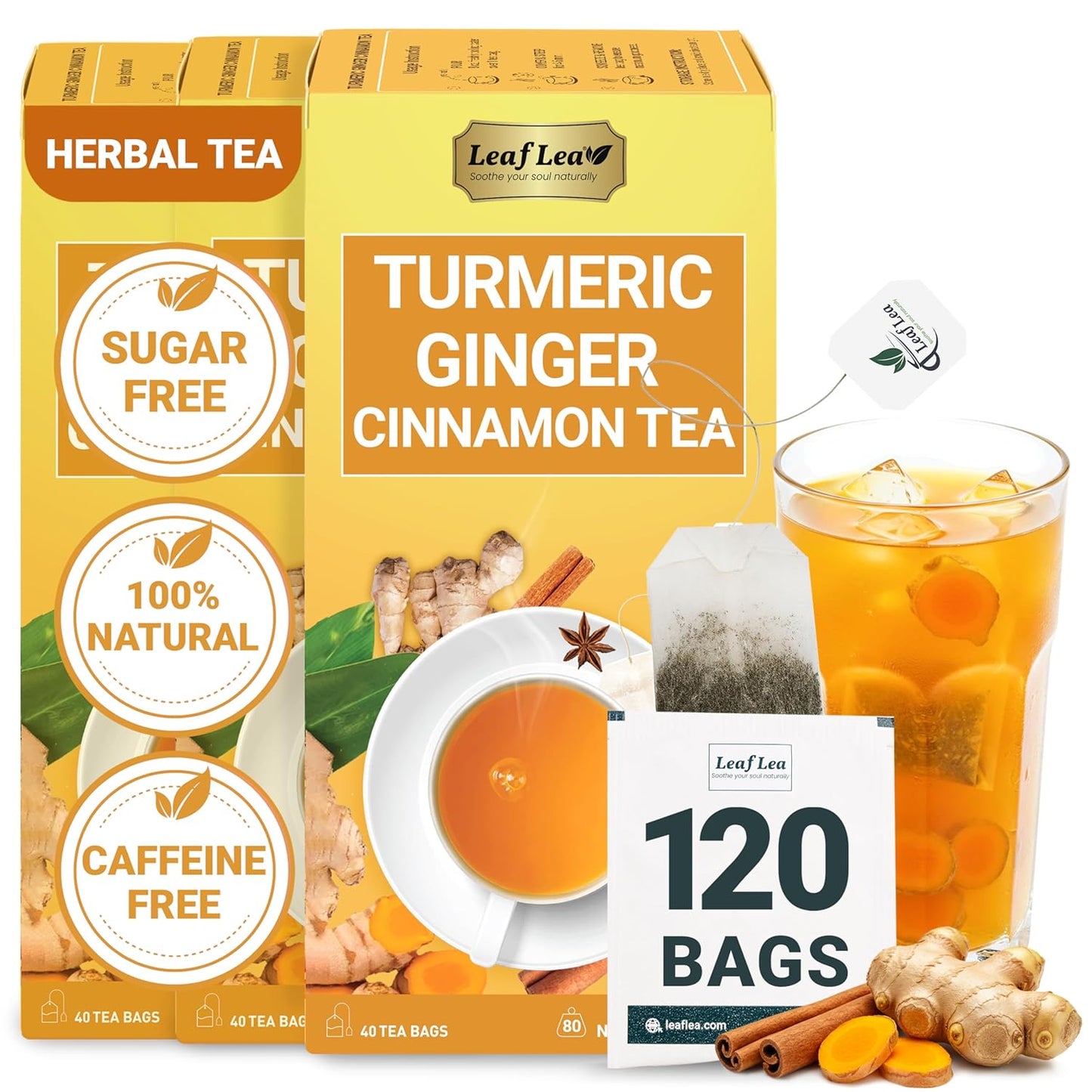 LeafLea Turmeric Ginger Cinnamon Tea, 120 Individually Wrapped Tea Bags, 100% Natural Herbal Blend with Pure Ginger and Turmeric, Supports Digestion & Immune Health, Caffeine-Free, No Sugar