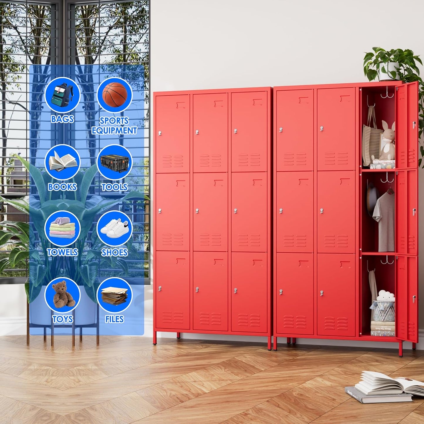 9 Doors Metal Locker with Business Card Holder and 27 Hooks,Metal Locker for Employees with Ventilation Holes for School Garage Office Gym Home,Assembly Required,Red