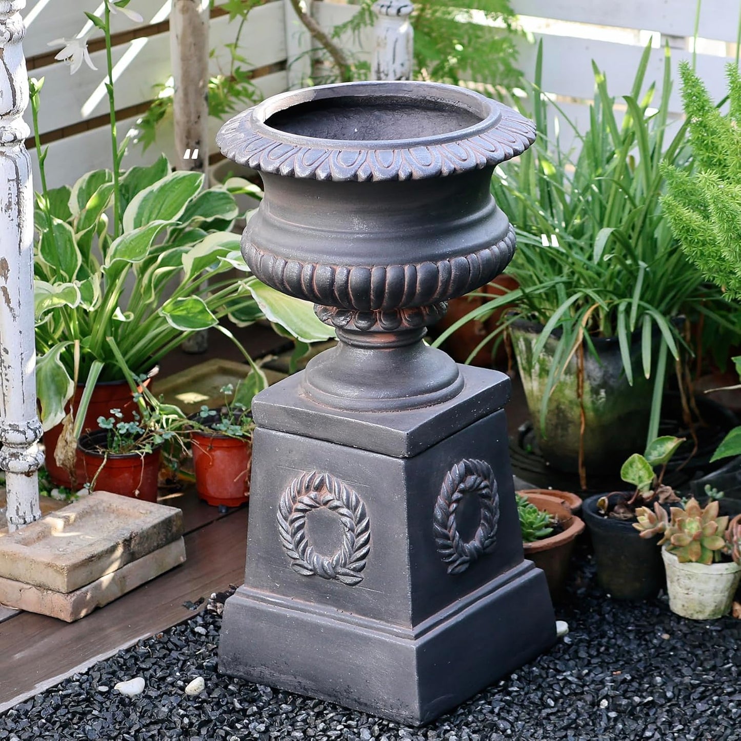 VISIBLE Classic Garden Urn Planter with Pedestal, Black Antique Finish, Cement Fiber Material, Decorative Leaf Pattern, 22 Inch Height, Indoor Outdoor Use, Delivered from Local Warehouse (Black)