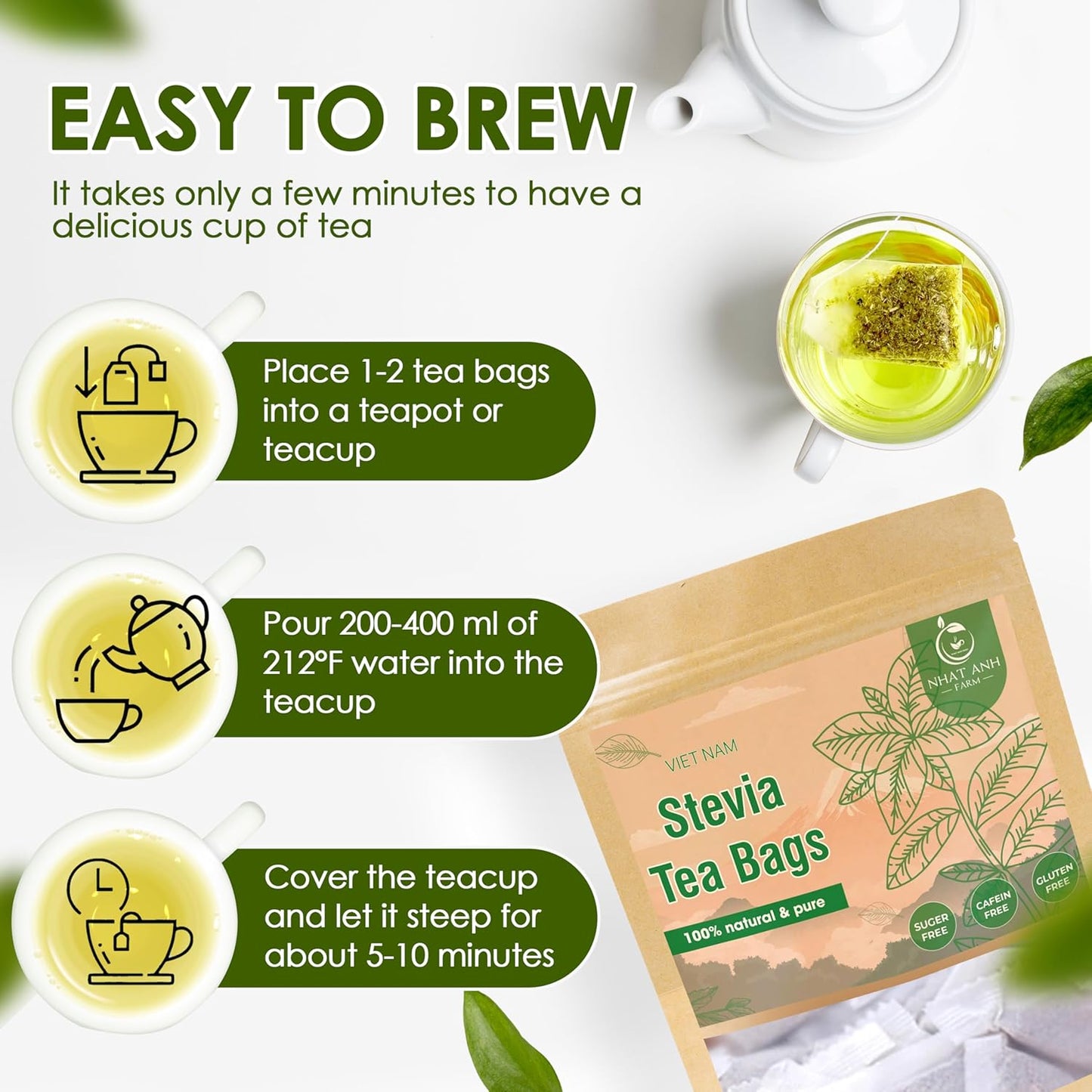 NHAT ANH FARM - Premium Stevia Tea Bags, 100 Stevia Tea Bags, 100% Natural Dried Leaves, Naturally Sweet Herbal Tea, Sugar-Free, Caffeine-Free, No Additives.