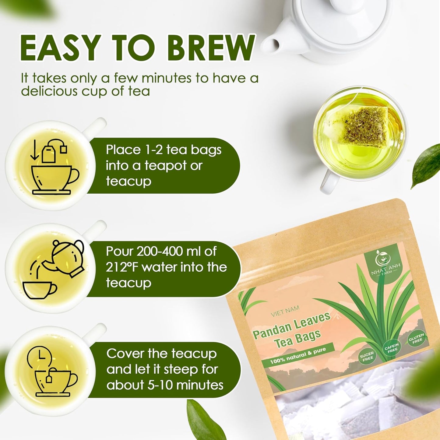 NHAT ANH FARM - Premium Pandan Leaves Tea Bags, 40 Pandan Leaves Tea Bags, 100% Natural Dried Pandan Leaves, Naturally Sweet Herbal Tea, Sugar-Free, Caffeine-Free, No Additives