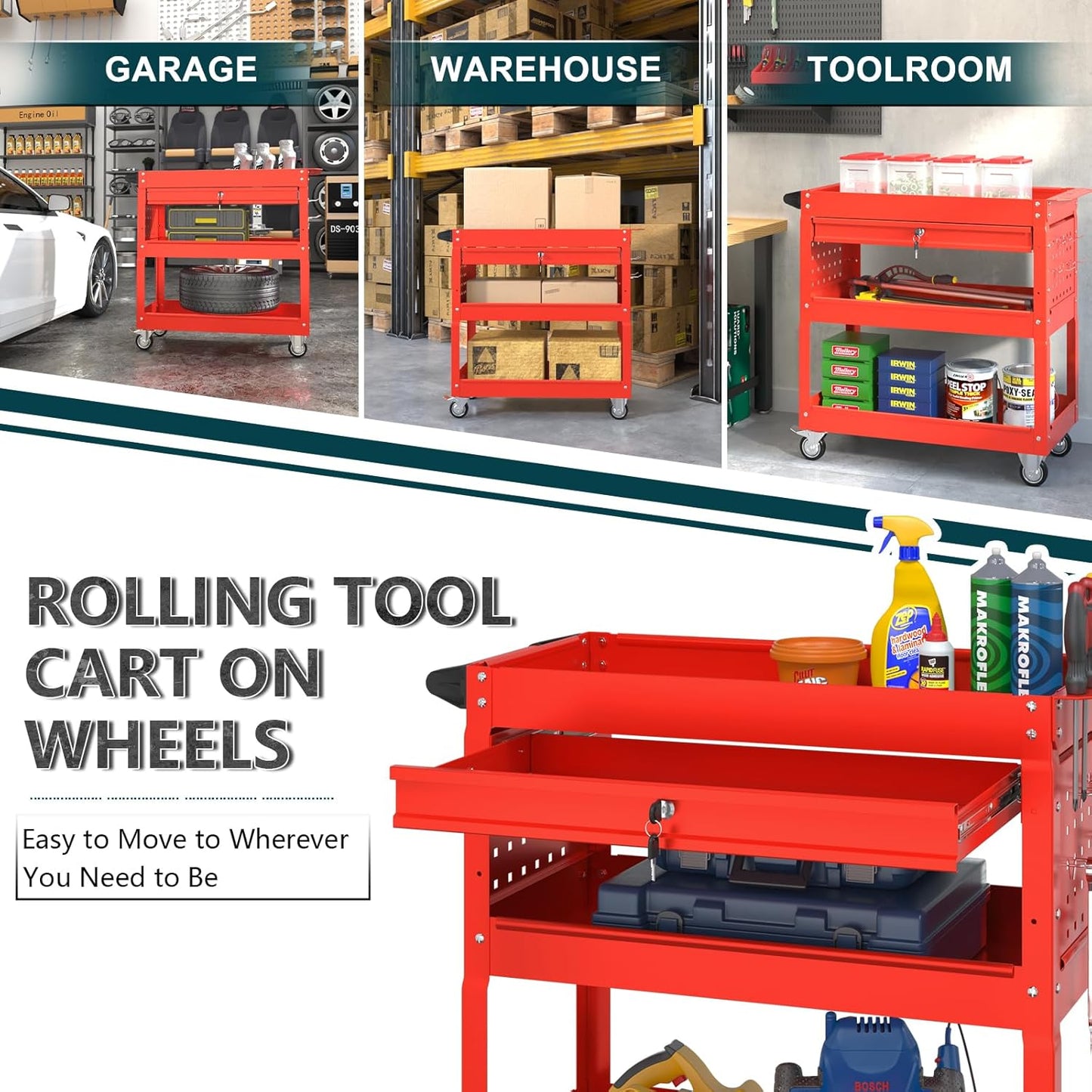 3 Tier Rolling Tool Cart on Wheels with Locking Drawer - Metal Service Cart Industrial Utility Cart for Mechanic - 350 LBS Mobile Storage Organizer for Garage, (Red)