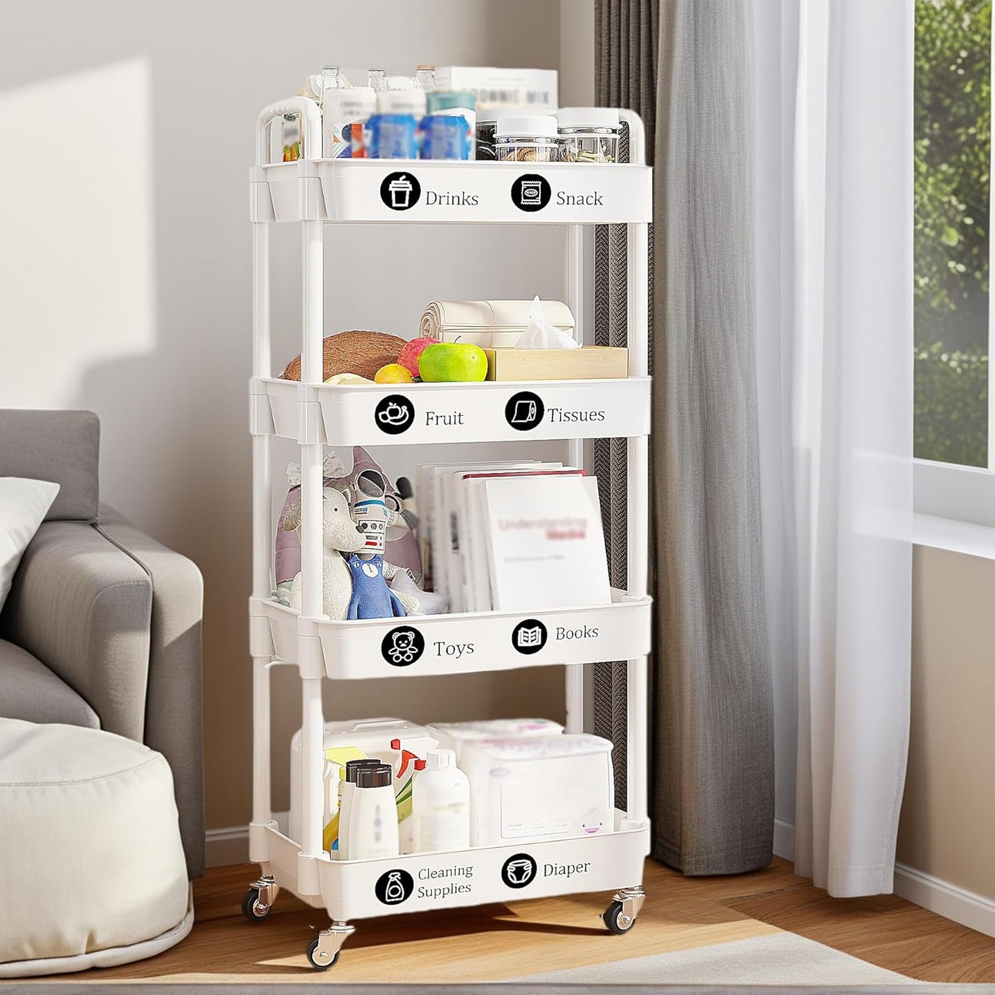 UDEAR 4-Tier Rolling Utility Cart with 12 Category Labels,Multifunctional Storage Shelves with Handle and Lockable Wheels for Room,Office,Kitchen,Bathroom,White