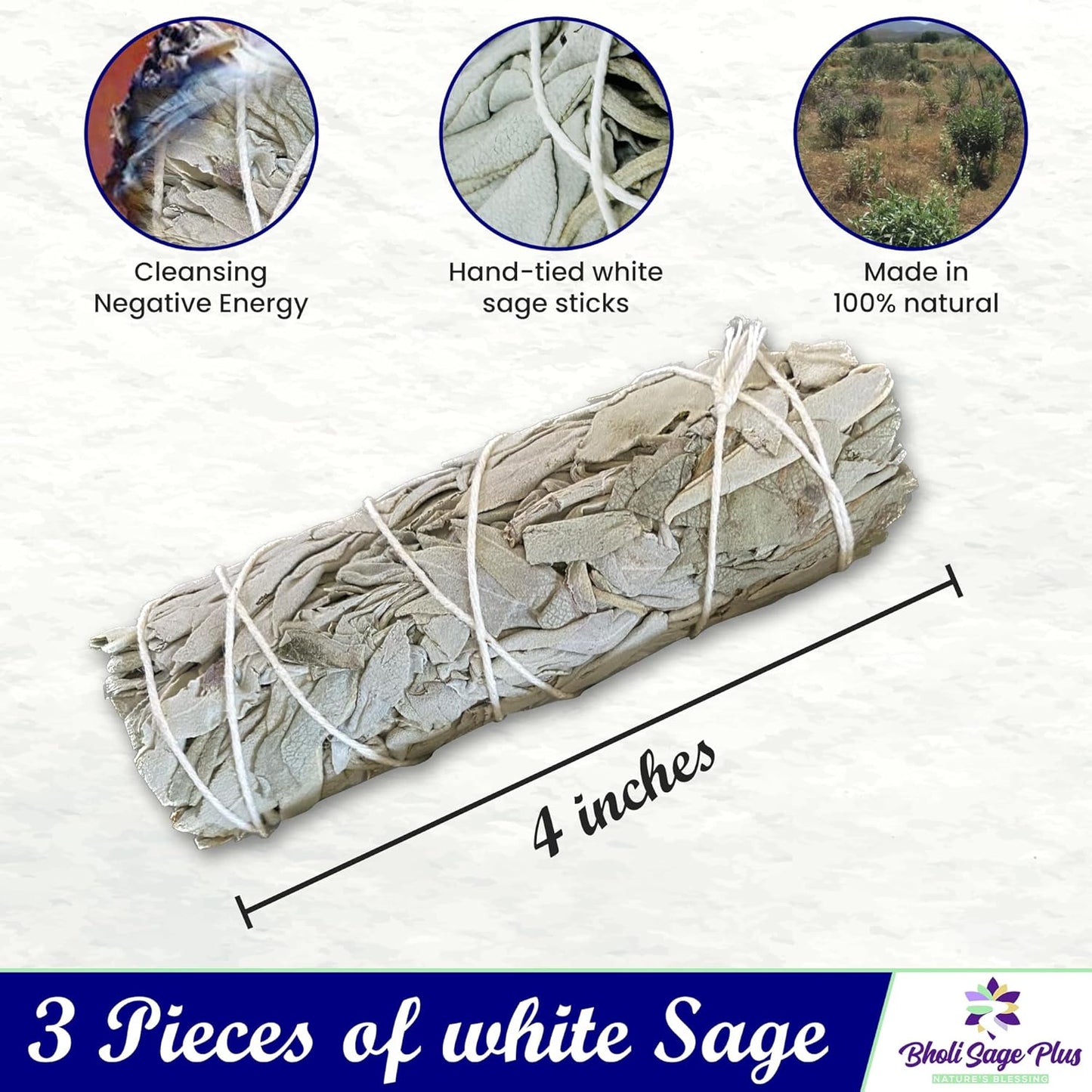 White Sage Sticks Pack of 3, Sage Smudge Kit 4'' Long Dried Sage Sticks for Meditation, Smudging and Cleansing, Getting Rid of Negative Energy
