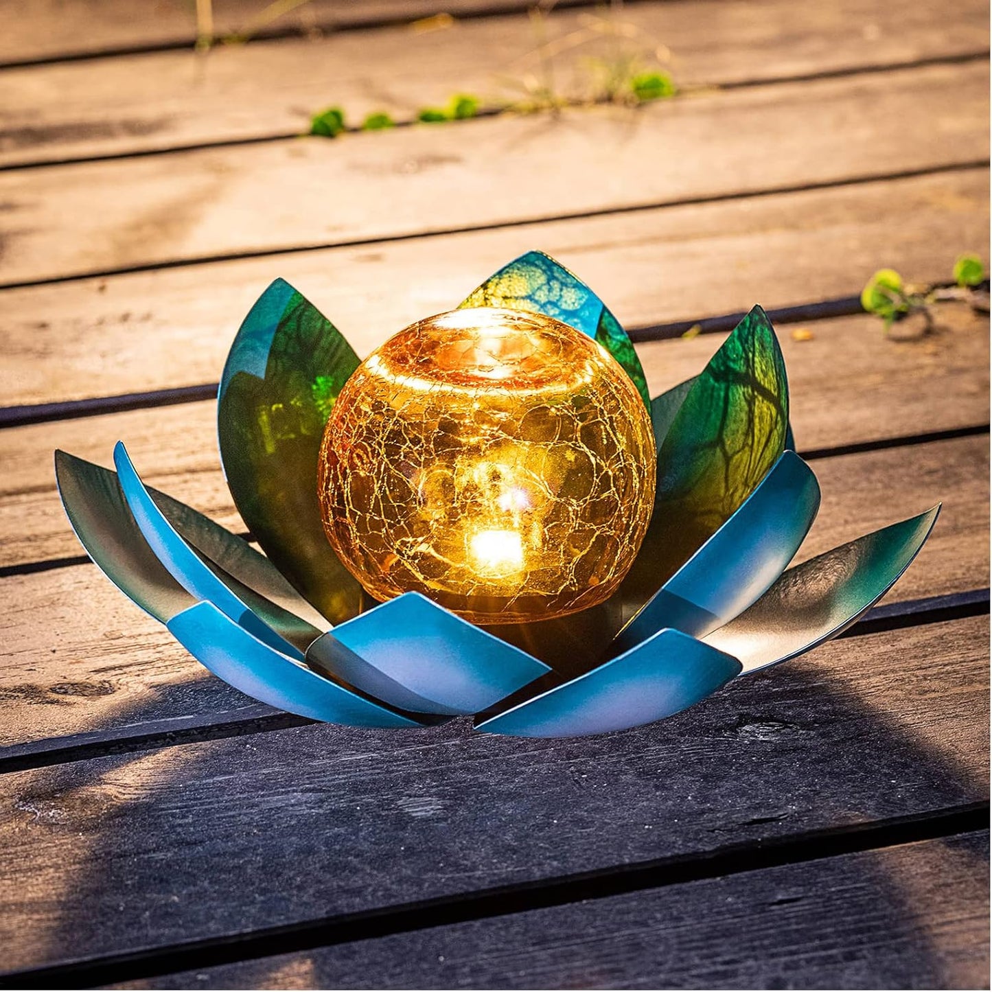 Huaxu Solar Light Outdoor Garden Decor Blue Metal Crackle Globe Glass Waterproof LED Lotus Flower Table Lamp Decorations for Patio Yard Porch Pathway Ground