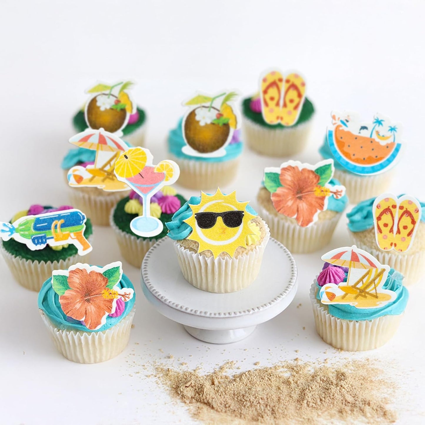 Ephlyn 54Pcs Edible Summer Beach Pool Cupcake Toppers Sun Flower Watermelon Water Gun Coconut Slippers Cupcake Picks Hawaii Theme Birthday Party Cake Decorations Supplies Red Yellow