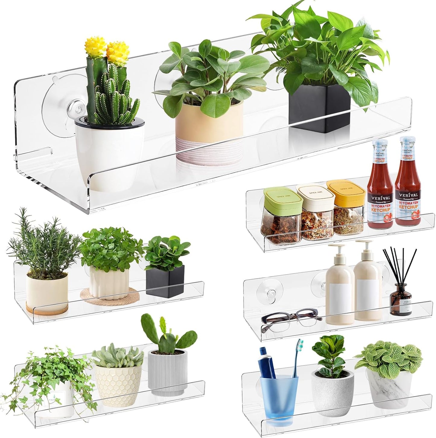 Windproof Window Plant Shelves 6 Pack - 15" Suction Cup Floating Shelf Set for Indoor Plants, Herb Gardens, Books & Decor, Bathroom and Kitchen Space-Saving Wall-Mounted Clear Acrylic Sill Extender