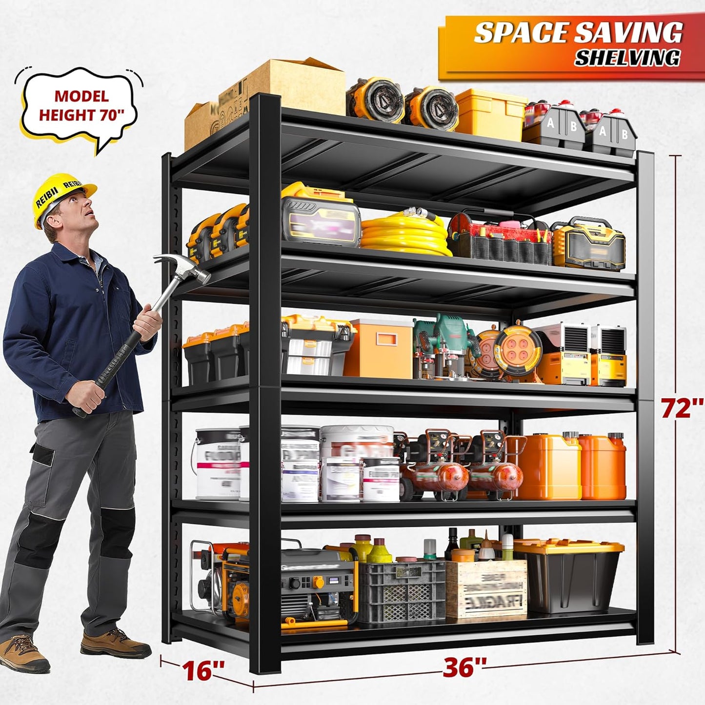 REIBII Garage Shelving, 3000 LBS Garage Shelves, Adjustable Metal Storage Shelves, 5 Tier Heavy Duty Shelving Units for Garage, Basement, Warehouse, Kitchen, Pantry, 72" H x 36" W x 16" D