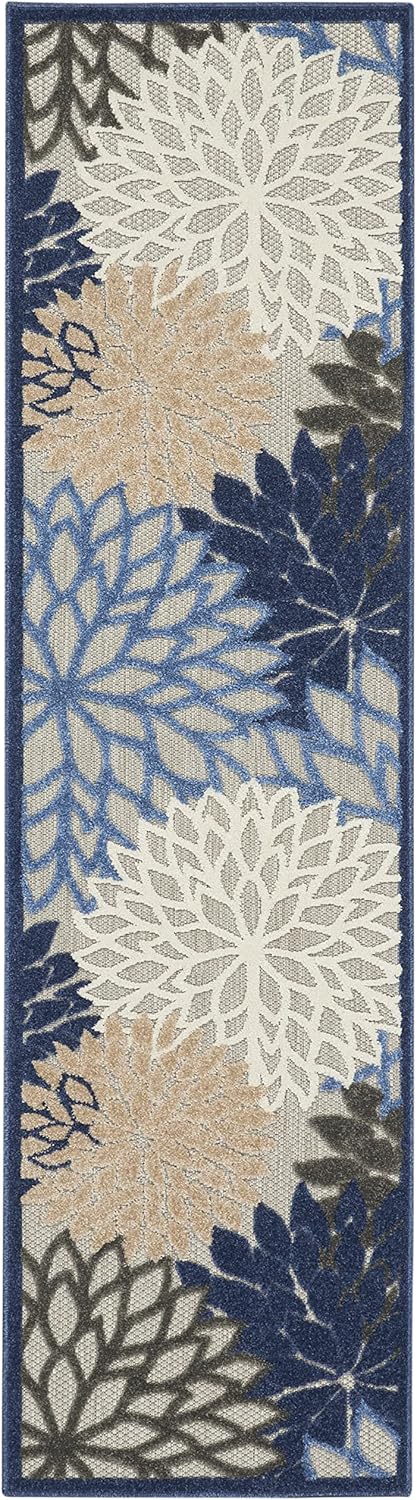 Nourison Aloha Indoor/Outdoor Blue/Multicolor 2' x 6' Area Rug, Tropical, Botanical, Easy Cleaning, Non Shedding, Bed Room, Living Room, Dining Room, Deck, Backyard, Patio (2x6)