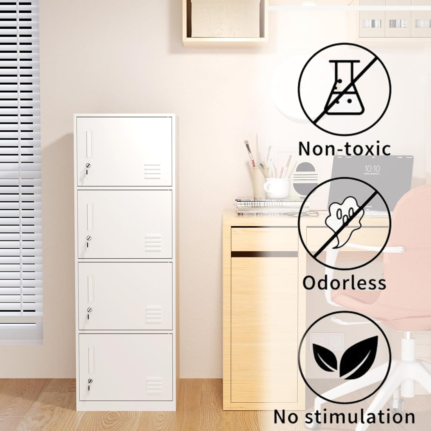 4 Door Metal Storage Locker Cabinet for Office, Home, Gym, School, Steel Cabinet to Storage File, Toys, Shoes and Sports Equipment, Locker Organizer for Gym Office Bedroom (4 Door, White)