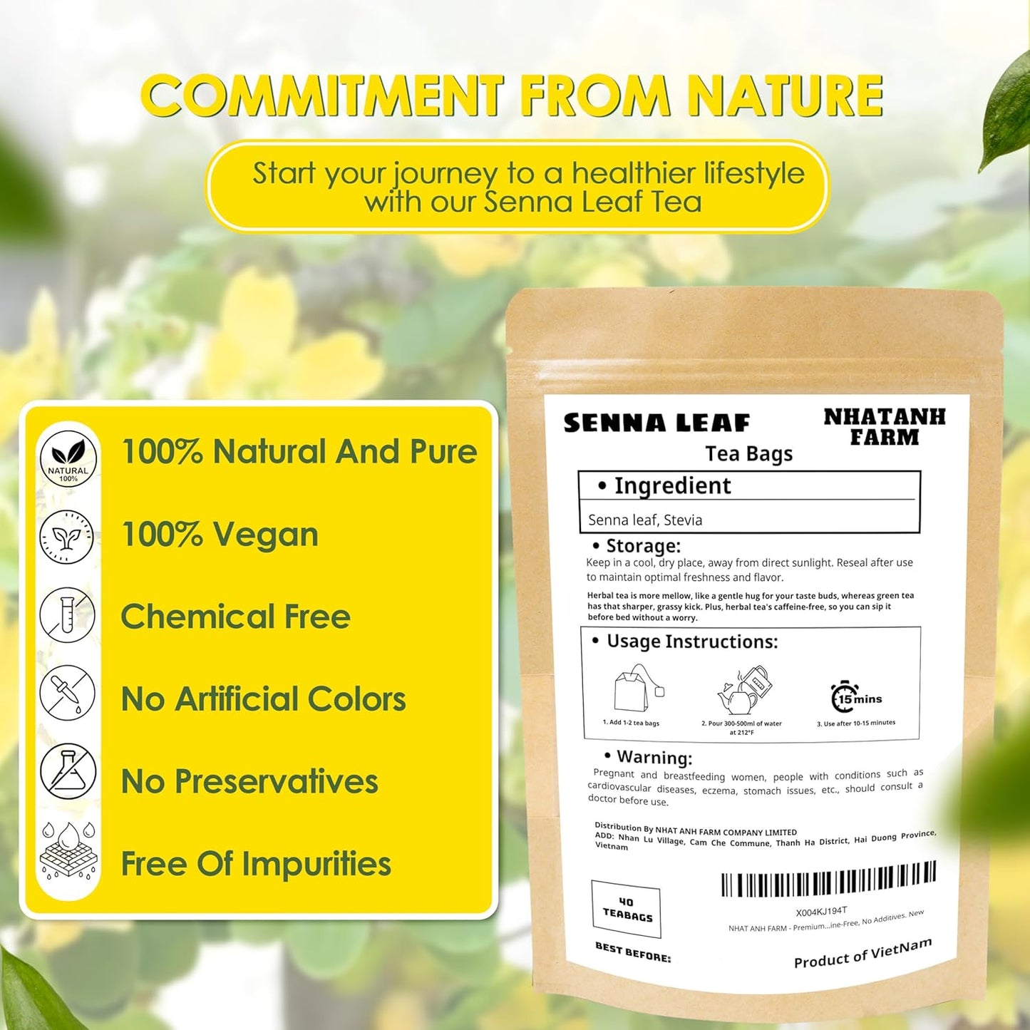 NHAT ANH FARM - Premium Senna Leaf Tea Bags, 40 Senna Leaf Tea Bags, 100% Natural Dried Senna Leaf, Naturally Sweet Herbal Tea, Sugar-Free, Caffeine-Free, No Additives.