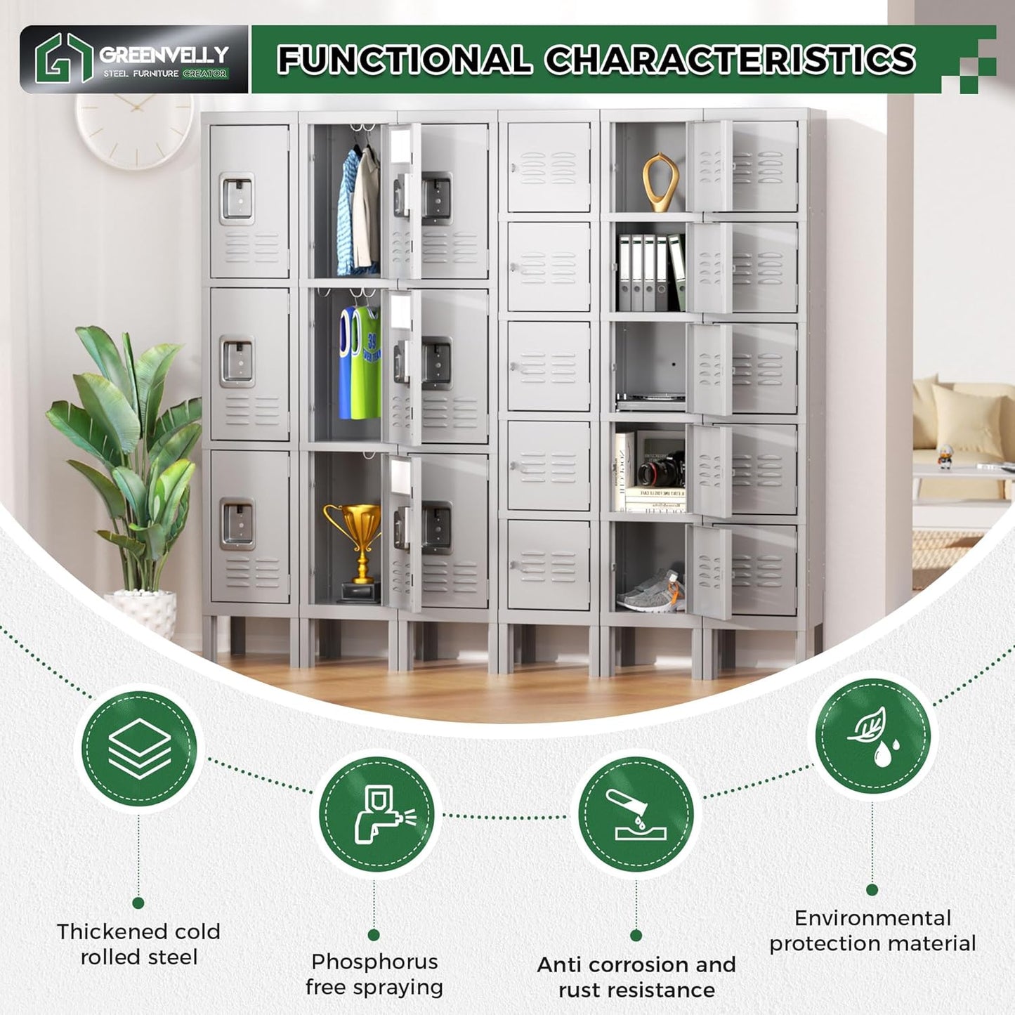 Greenvelly Metal Locker for School Office Gym Metal Storage Locker Cabinet for Employees Students Steel Locker Triple Tier with 3 Door Grey